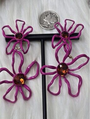 Mignonne Gavigan Double Flower Fuchsia Enamel Drop Earrings